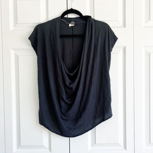 Free People Black Cowl Neck Short Sleeve Cotton Blend Tee Women's Size Small S - Picture 2 of 6